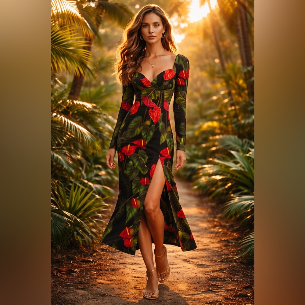 NWT Farm Rio Black Anthurium Floral Sweetheart Midi Dress XL Bodycon Slit Vacay